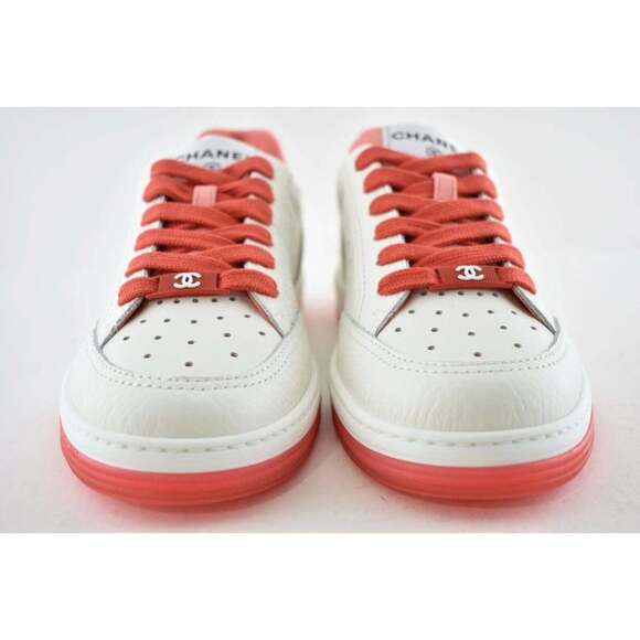 Chanel 22P White Leather Red CC Logo Flat Lace Up Tie Runner Trainer Sneaker 38 - Picture 6 of 12